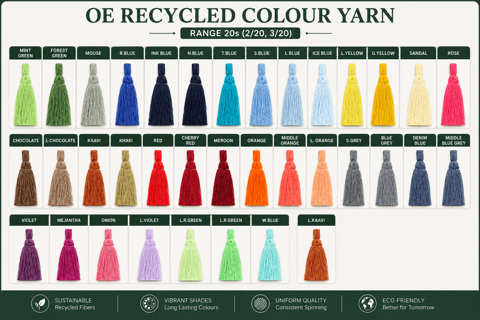 OE recycled colour yarn shade card, range 20s (2/20, 3/20)